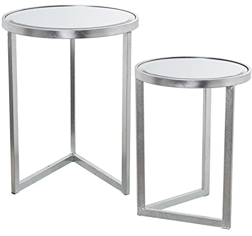 DRW Set mit 2 runden Beistelltischen aus Metall und Spiegel, silberfarben, 42 x 54 cm und 36 x 48 cm