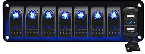 Riloer 7-Gang-Kombinationsschalter-Panel, 12V 24V Marine Boat Car Wasserdichter geschlossener Wippschalter mit LED-Licht und Spannungsanzeige, 5V 4.8A Dual-USB-Ladegerät