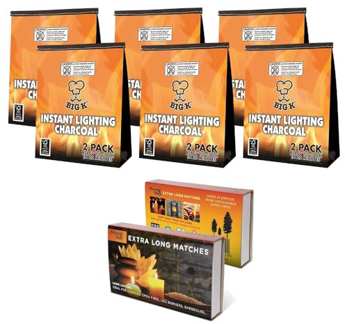 Big K 6 x 2KG Instant Light Barbecue Charcoal Briquettes Charcoal Grill Bags BBQ Coal with 1PK Bryant May Extra Long Matches Match Box for Outdoor Barbecues, Fire Pit, Camping or Picnics