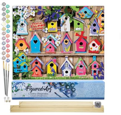Figured'Art Malen nach Zahlen für Erwachsene Vogelhäuser – Handarbeits-Kit, kreatives Hobby, DIY, vollständige Nummer – 40 x 50 cm mit Holzrahmen zum Montieren