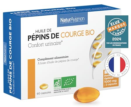 NaturAvignon Huile de Pépins de Courge BIO (graines de courge) | Confort urinaire, Prostate, Fuite urinaire homme | 1000mg huile de pepin de courge (graine de courge bio pumpkin seed oil) | 60capsules