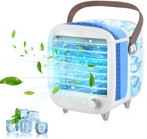 Portable Air Cooler, 4 IN 1 Mini Air Conditioner, Compact Evaporative Cooler Air Humidifier with LED Light, Mini Ac Desktop Cooling Fan for Office Makeup Table Bedroom