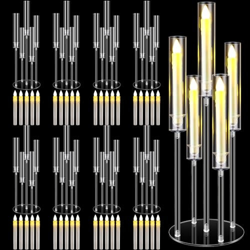 5-armiger Acryl-Kandelaber, Tafelaufsätze für Tische, Kerzenleuchter, Kerzenhalter mit LED-Kerzen und Lampenschirm, für Hochzeit, Party, Kamin, Dekoration (8 Sets)