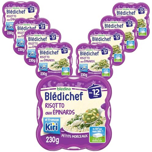 Blédina - Blédichef - Repas Bébé 12 Mois - Plats Bébé - Risotto aux Epinards et fromage Kiri - Petits Morceaux - Dès 12 Mois - 9 Assiettes de 230g