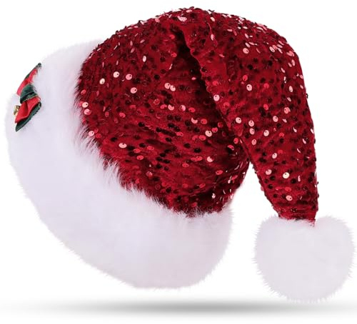 CITÉTOILE Cappelli di Natale adulti, scintillanti cappelli di Babbo Natale, unisex doppio strato cappello di Natale, cappelli di Natale con fiocchi, Dotato di campana, rosso
