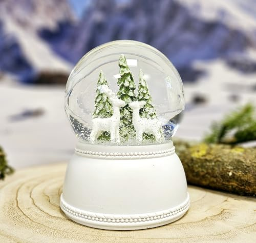 Schneekugel Rehe weiß Tannenbaum | Sockel Nostalgie weiß | mit Spieluhr | Schüttelkugel Weihnachtsdekoration | B: 10 cm H: 13 cm | 20254