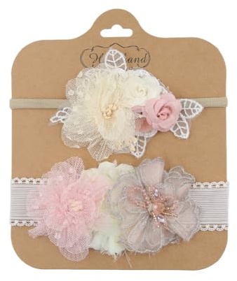 ISAKEN 2Pezzi Fascetta Neonata Battesimo Floreale Copricapo Elastici Fascia per Capelli Fiore Accessori per Capelli Bambine per Feste Matrimoni