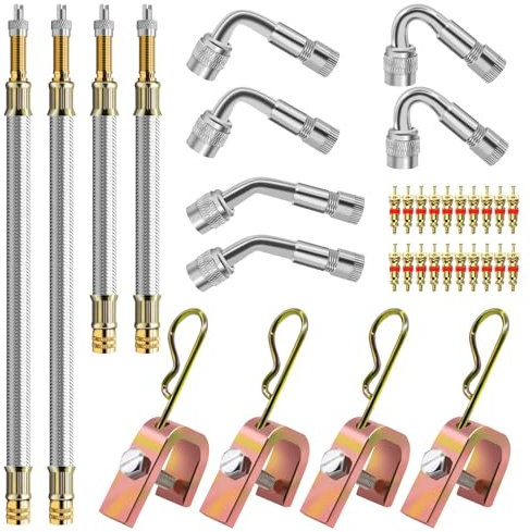 Yauhar 15pcs Valve Stem Extension with Tire Valve Stem Cores Kit, 45 90 135 Degree Stainless Steel Valve Stem Extender and 7 12 Brass Braided Stem Extension Adaptors for Most Cars Truck