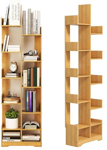 Nisorpa Libreria ad albero a 10 ripiani, in legno, scaffale angolare per libri, libreria da pavimento, libreria alta per soggiorno, studio, casa, ufficio, rovere chiaro