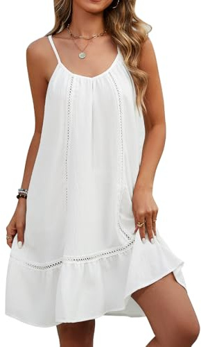 RITOSTA Strandkleid Damen Luftig Sommer Strandkleider Leichte Kleid Spaghettiträger Bikini Cover Up Strandtunika Knielang Strandponcho mit V Ausschnitt (Weiß,XXL)