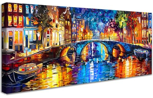 Marco de Madera Grandes Cuadros Decoracion Salon Modernos Lienzo Decorativo Coloridas Luces de la Ciudad Abstracto Pintura Puentes por la Noche Resumen Cuadros Decorativos Salon Dormitorio 50x120cm