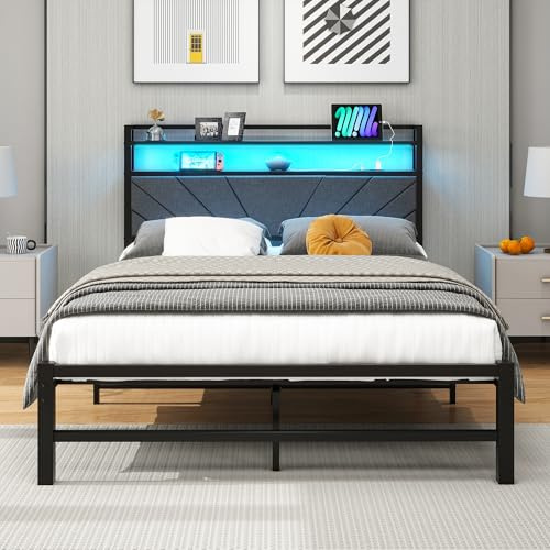 VERFARM Tapizada de Metal 120 x 200 cm, Cama Doble con LED y Base de Carga, Espacio de Almacenamiento, Juvenil, de Invitados con Cabecero, Perfecta