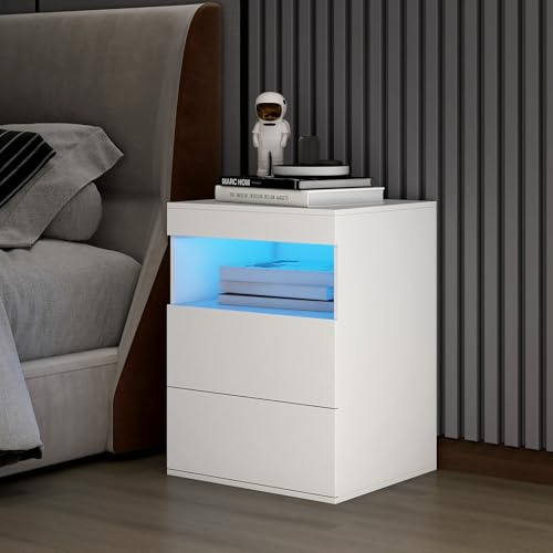 YOURLITE Bedside Table with RGB LED Lights, Modern Bedside Cabinet | Charging Station, Pull-Out Tray, 2 Drawers, Storage Chest of Drawers, Modern Nightstand End Table Bedroom, Living Room -White