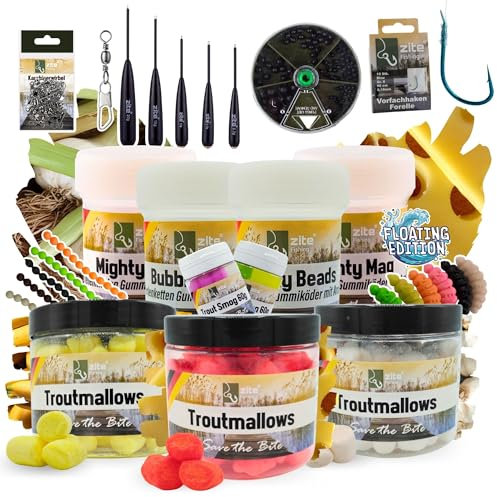Zite Fishing Forellenköder Auftreibend XXL Set | Floating Forellen Angelköder | Troutmallows, Mighty Mag, Forellenteig, Bubbly Beads | Inklusive Bodentaster, Vorfachhaken & Mehr für Forellensee
