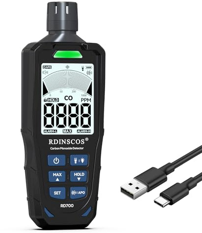 RDINSCOS RD700 Portable Carbon Monoxide Detector, 0-1000ppm, Rechargeable CO Alarm with Backlit LCD Display, for Home, Car, Camping
