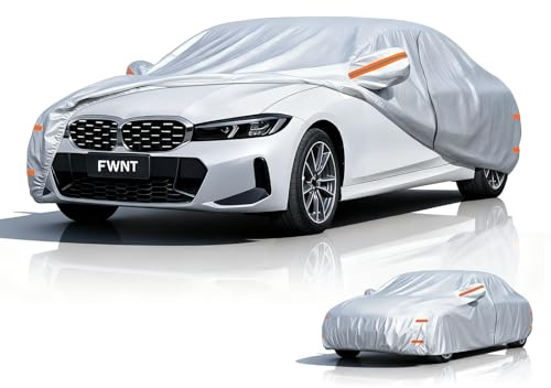 FWNT Housse de Protection Voiture Grande Taille 4 Saisons - Bâche Extérieur Étanche, Respirante et Protection Solaire avec Zip et Doublure en Coton pour Berline et Break (470-490 cm) - Argenté
