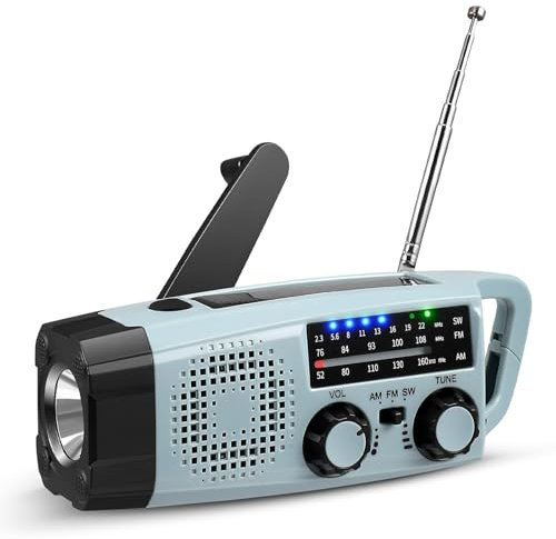 8 IN 1 Radio de Emergencia Portátil, FM/Am Emergency Radio 3 Vías de Carga con Solar Recargable y Dinamo con Manivela con Linterna LED 2000mAh Powerbank SOS Alarma USB para Camping al Aire Libre