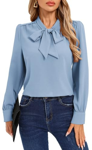 Kate Kasin Women's Light Blue Work Shirt 2026 Long Sleeve Bow Tie Front V Neck Tops Office Business Dressy Casual Blouse