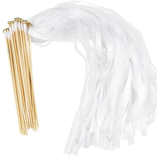 30 Stück Wedding Wands mit Glocke, Zauberstäbe Hochzeit Luftschlangen, Weiß Spitze Wedding Twirling Streamers, Romantic Bänder Deko für Hochzeiten, Geburtstage, Feiertagsfeiern Verwendet Weihnachten