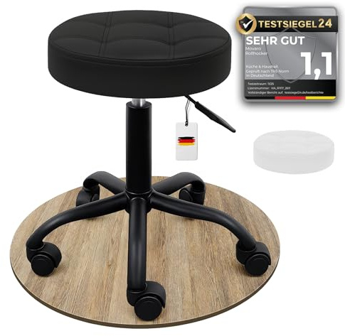 Movaro Rollhocker mit Metall-Basis und leisen Gummirollen [TESTSIEGER] – höhenverstellbar, 360° drehbar, kratzfrei und stabil – ergonomischer Hocker mit Rollen | Arbeitshocker | Bürohocker [Schwarz]
