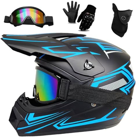Casco da Motocross Per Bambini, Atv, con Occhiali, Guanti E Maschera, Per Moto Da Cross, Fuoristrada, Atv, Bmx, Downhill, Mountain Bike, Quad, Omologato DOT(Style Sky Blue,M(54-55cm))