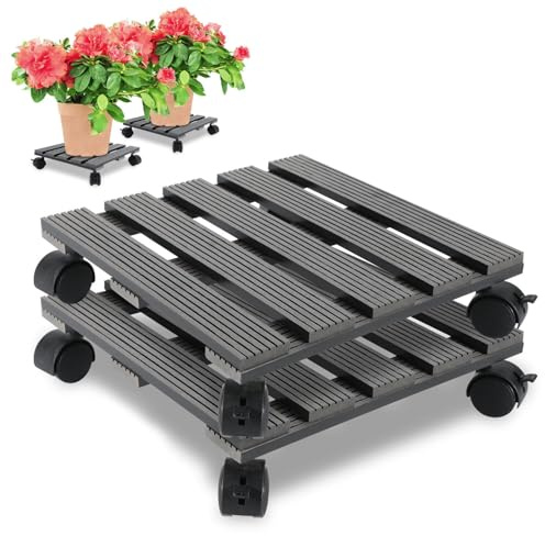 Peviasot Rotella per piante, 2 rotoli in WPC, portata 80 kg, rotolo per fiori, rettangolare, 30 x 30 cm, ruote girevoli a 360°, rullo per fiori con ruote per interni ed esterni, colore grigio