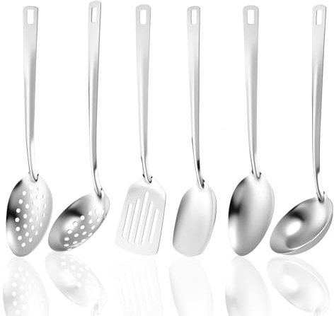 6 Stück Edelstahl Kochutensilien Set Langlebig Rostfrei Küchenutensilien Set mit Schlitzspatel Massiver Spatel Schöpflöffel Servierlöffel Sieb Suppenlöffel Kochbesteck Küchen Zubehör (Silber)