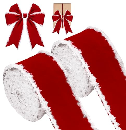 2 Rollen Weihnachtsband mit Draht, 6,3 cm x 5 m Geschenkband Weihnachten Breit, Rotes Samtband mit Rand, Dekorationen Weihnachtsbaum Band, Weihnachtsband für Basteln Bögen Baumdeko Geschenk Verpackung