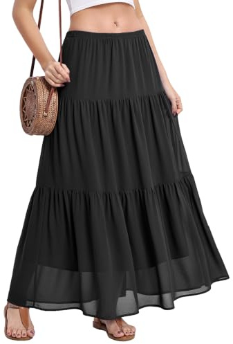 BEIGAI Women's Summer Long Skirt Elasticated High Waist Flowy Maxi Skirt