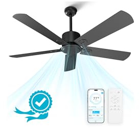 Obabala 52 Inch Ceiling Fan No Light, 7000CFM Extreme Airflow Outdoor Ceiling Fan with Remote & App, Powerful Quiet DC Motor Modern Black Ceiling Fan for Patio, Bedroom, Dual-Mount (5/10 Downrods)