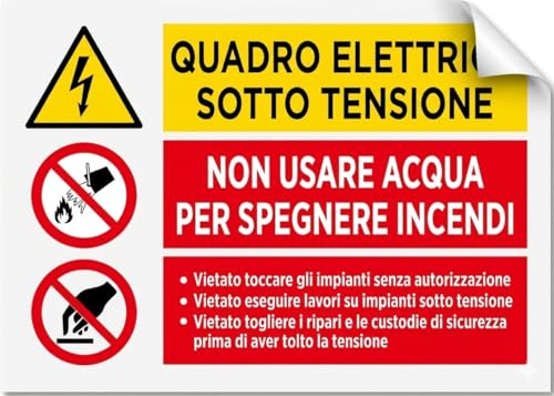 StampaGenerale® 8 Pz Adesivo Quadro Elettrico Sotto Tensione in PVC – A6 (14,8x10,5 Cm) Cartello Pericolo Elettrico Divieto Uso Acqua e Divieto di Contatto – per Interno ed Esterno Riparato (B)