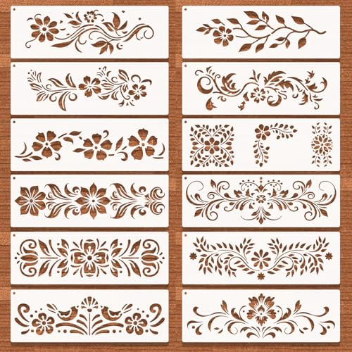 MWOOT 12 stycken stora mallar, blomma gräns stenciler, återanvändbar gör-det-själv målning mall stencil kits, mandala skala stencil målning för kakel målning duk möbler, 30 x 10 cm