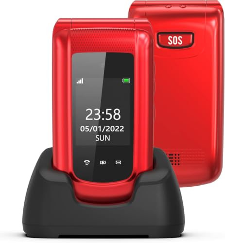 CHAKEYAKE Téléphone Senior à Clapet Débloqué, Téléphone Portable pour Personnes Âgées avec Grandes Touches, Volume Élevé, Bouton SOS, Base de Recharge, Écran 2,4'' + 1,77'', Appareil Photo, Rouge