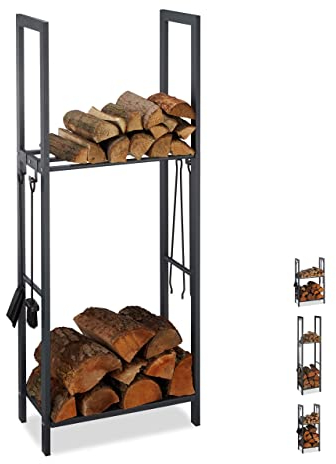 Relaxdays Scaffale Porta-Legna con 2 Ripiani, 150 x 60 x 30 cm, 4 Ganci per gli Accessori da Camino, Acciaio, Antracite