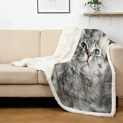 BlessLiving Gray Cat Throw Blanket, Gift for Cat Lovers, 60x80 | Cozy Plush Sherpa Fleece Blankets for Sofa Couch Bed Travel Lightweight Warm Soft Fluffy All Season Reversible Kitten Throws