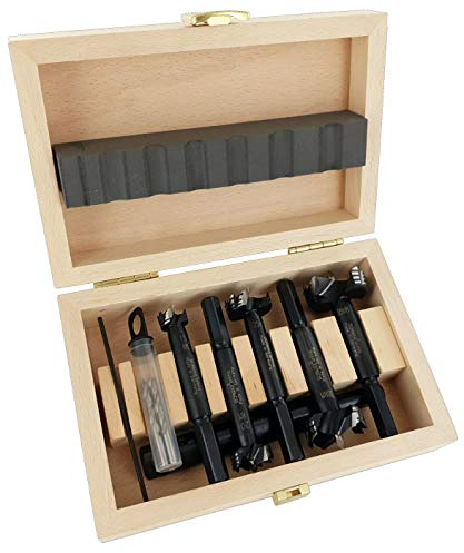 FAMAG Bormax prima Hartmetall-Forstnerbohrer 6-tlg. Set D=15,20,25,30,35mm & 125mm Verlängerung im Holzkasten, grau, 6-tlg. set d=15-35mm + 125mm verlängerung