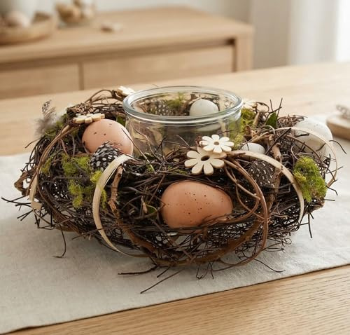 Couronne de Pâques avec photophore, diamètre 24 cm, couronne de riz avec mousse, fleurs en bois et œufs en plastique, couronne de table, couronne décorative