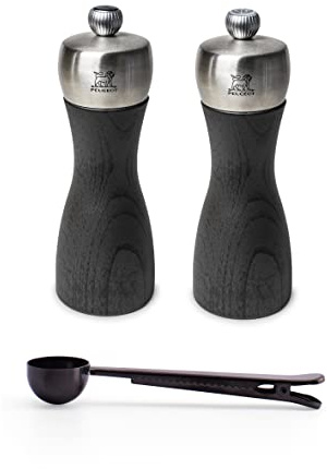 Peugeot - Fidji Manuelle Salz- und Pfeffermühle, Geschenk-Set – Verstellbares Mahlwerk – Buchenholz und Edelstahl, Graphit-Finish, 15,2 cm – mit Edelstahl-Gewürzschaufel & Clip
