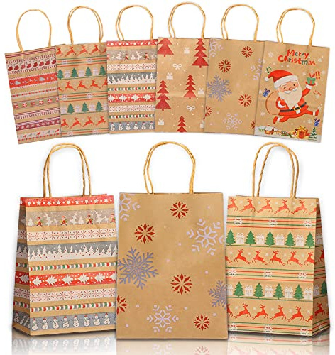 Weihnachten Geschenktüten, 12 Stück, 21x11x27cm, Weihnachts Kraft Geschenktaschen, Geschenkbeutel mit Tragegriff, Tasche mit weihnachtlichem Aufdruck, Für Weihnachtsfeier, Geburtstagsfeier