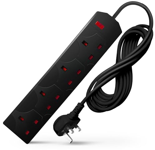 DESIRETECH Black Electric Extension Lead - 4 Gang, 10 Metre Cable with UK Plug & 3 Pin Socket - Wall Mountable & Multi Socket Mains Strip for Home, Bedroom, Kitchen, & Office (1 Pack)