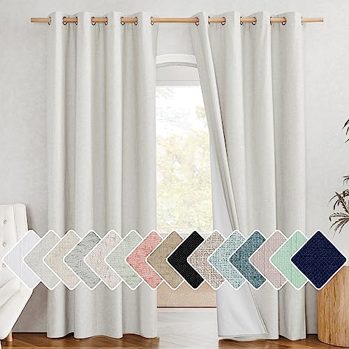 NICETOWN 100% Absolutely Blackout Linen Curtains with Thermal Insulated White Liner, Ivory, 52 Wide, 2 Pieces, Privacy Vertical Window Drapes for Office Laundry Living Room Windows 84 inch Long