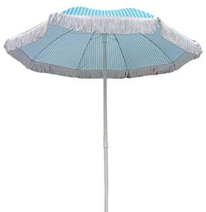 1.6m/5.2ft Blue White Striped Garden Parasol, Portable Outdoor Sunshade Umbrella, Patio Umbrella with Tassel, Height Adjustable, UV Protection