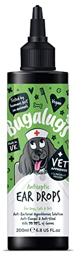 BUGALUGS Antiseptic Ear Drops 200ml – Ear Disinfection, Kills bacteria, Stops Odours, Scratching & Discomfort, Anti-fungal (Yeast), Veterinary-grade, for Dogs, Cats & all other animals