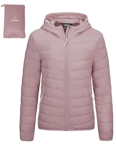 Outdoor Ventures Giacca trapuntata da donna, leggera, avvolgente, calda, con cappuccio, foderata, con tasche, per il tempo libero, le escursioni, i viaggi, Rosa pallido, L