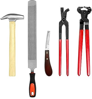 QWORK® 5-TLG Pferd Hufschmied Professionelle Kit zum Wechseln des Hufeisens, Hufschneidezange - Hufmesser - Hufraspel - Hufhammer- Hufnietzange