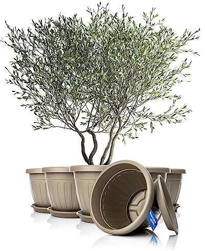 BigDean 6X Blumentopf mit Untersetzer rund ø50xH38 cm Mokka/braun | Wetterfester Pflanzkübel - Wasserablauf UV-beständig aus bruchsicherem Kunststoff - Innen + Außen geeignet - Made in Europe