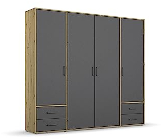 Rauch Möbel Voyager Schrank Kleiderschrank Drehtürenschrank, Grau metallic/Eiche Artisan, Holz, Schwarz, 4-türig mit 4 Schubladen, inkl. 1 Kleiderstange, 5 Einlegeböden BxHxT 187x194x53 cm