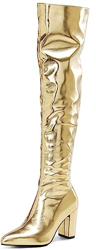 YIYA Damen Metallic Overknee-Stiefel, spitzer Zehenbereich, klobiger mittelhoher Absatz, Oberschenkelhoch, modisch, Kleid, Stiefel, Reißverschluss, lange Stiefel, Gold, 37.5 EU