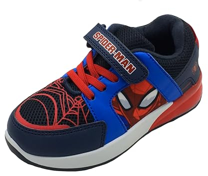 Marvel Spiderman Boys Trainers with Hook & Loop Strap, Blue/Red with Flashing Lights, Size 10