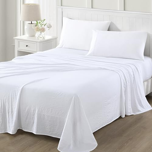 Martha Stewart Parure de draps 4 pièces en Microfibre Ultra Douce brossée et lavée, Facile d’Entretien, Poche Profonde Jusqu’à 40 cm, 1 Drap Plat, 1 Drap-Housse, 2 taies, lit Simple, Blanc Brillant